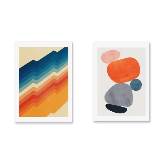 Set of 2 Retro Abstract Wall Prints - Multicolor