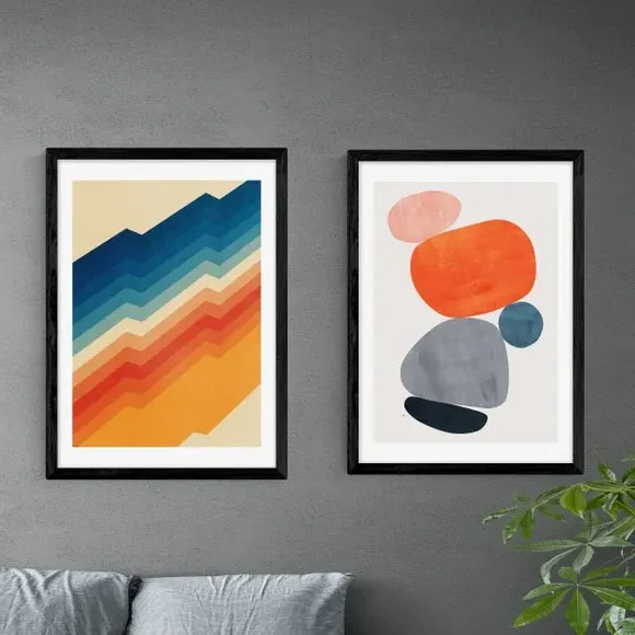 Set of 2 Retro Abstract Wall Prints - Multicolor