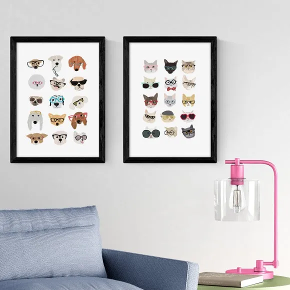 Set of 2 Wall Prints Cats & Dogs - Multicolor