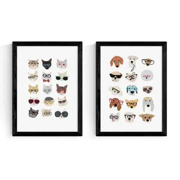 Set of 2 Wall Prints Cats & Dogs - Multicolor
