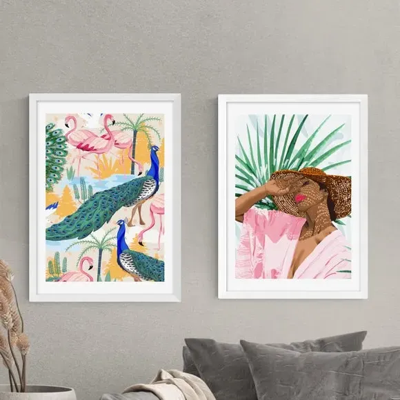 Set of 2 Wall Prints Floral - Multicolor, Paper