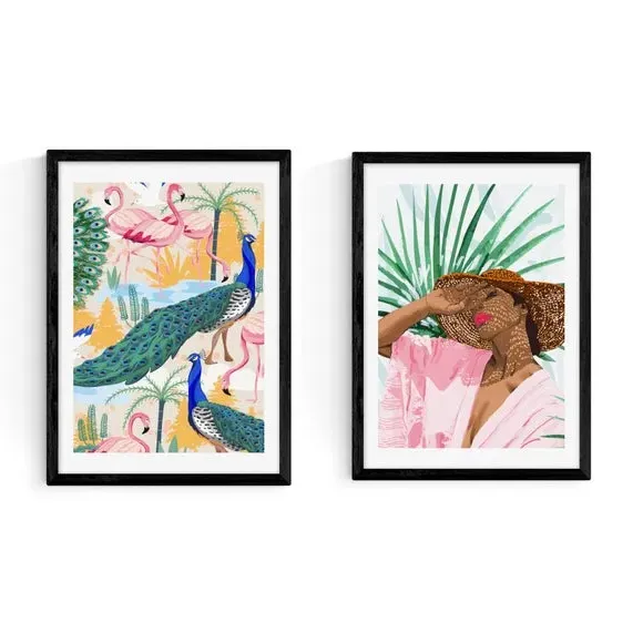 Set of 2 Wall Prints Floral - Multicolor, Paper