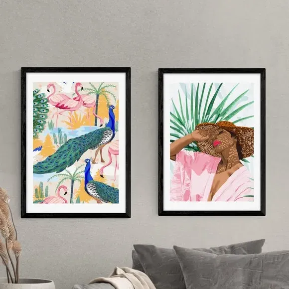 Set of 2 Wall Prints Floral - Multicolor, Paper