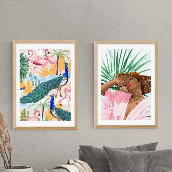 Set of 2 Wall Prints Floral - Multicolor, Paper