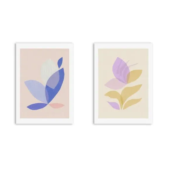 Set of 2 Wall Prints Leaf Design - Pastel
