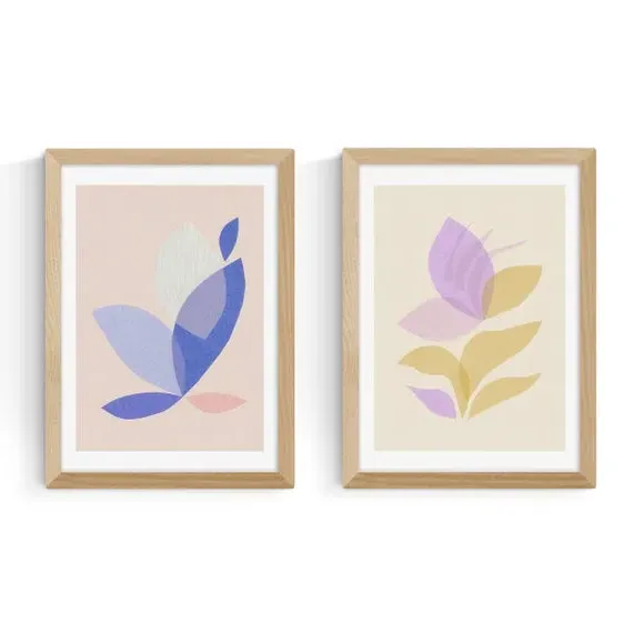 Set of 2 Wall Prints Leaf Design - Pastel