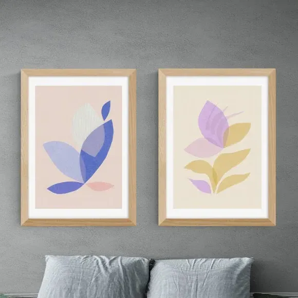 Set of 2 Wall Prints Leaf Design - Pastel