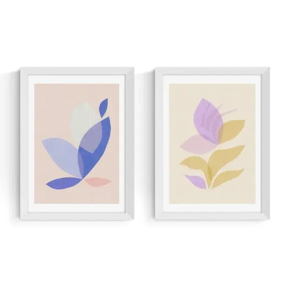 Set of 2 Wall Prints Leaf Design - Pastel