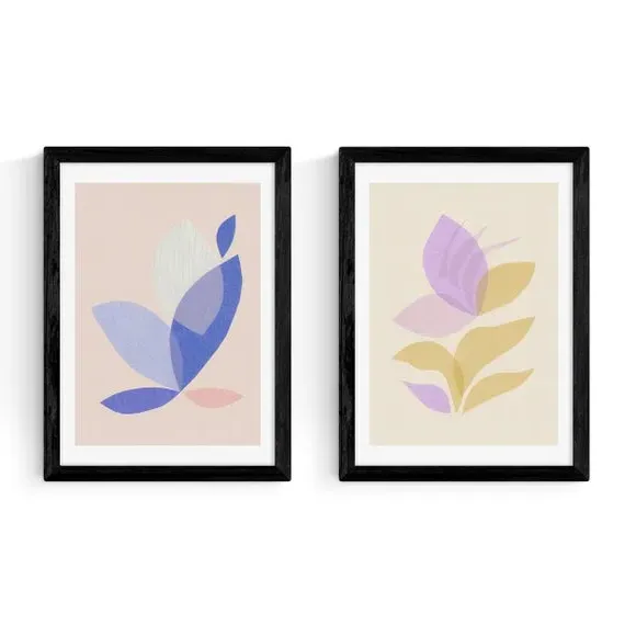 Set of 2 Wall Prints Leaf Design - Pastel