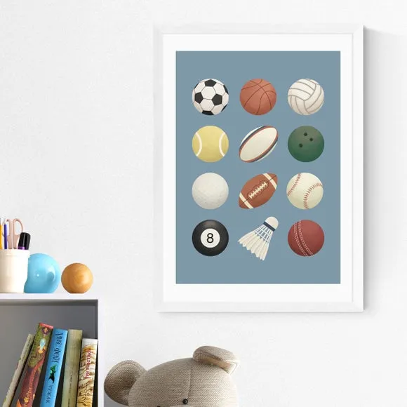 Sports Balls Wall Print - Blue, Archival Paper
