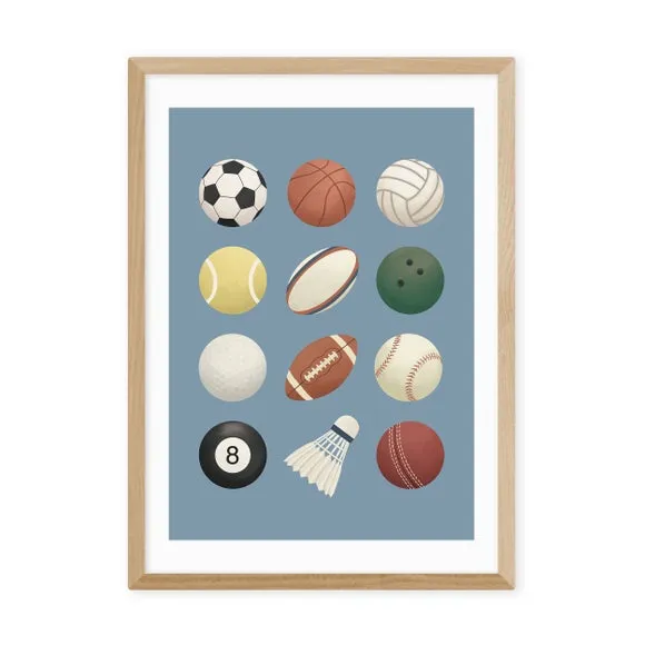 Sports Balls Wall Print - Blue, Archival Paper