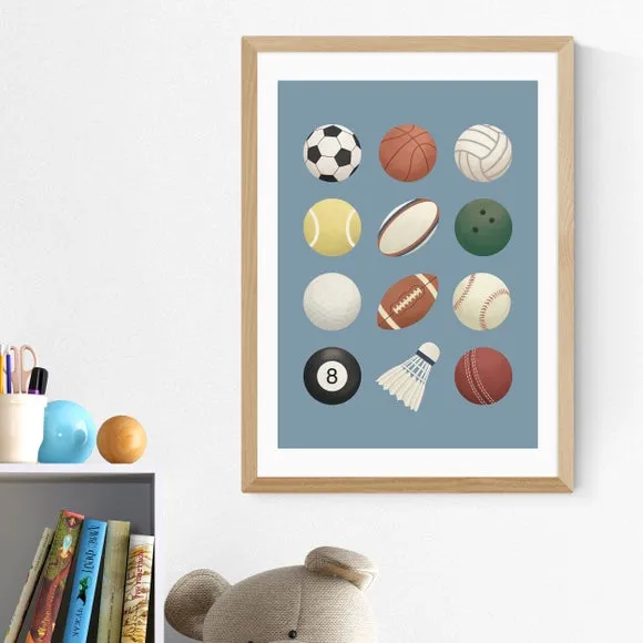 Sports Balls Wall Print - Blue, Archival Paper