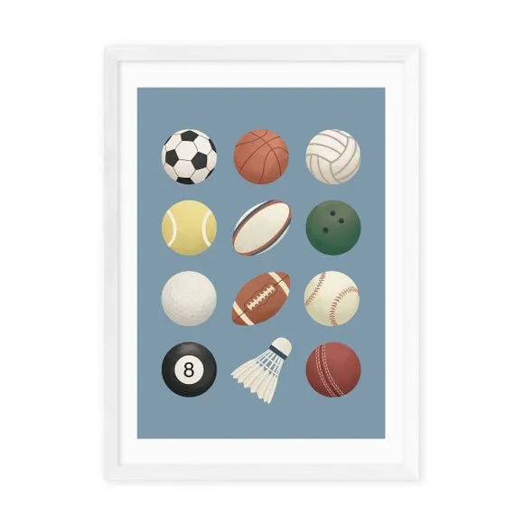 Sports Balls Wall Print - Blue, Archival Paper