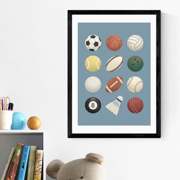 Sports Balls Wall Print - Blue, Archival Paper