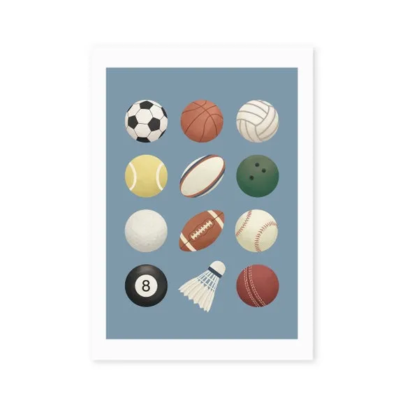Sports Balls Wall Print - Blue, Archival Paper