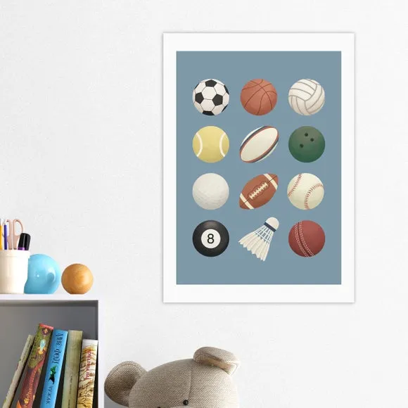 Sports Balls Wall Print - Blue, Archival Paper image