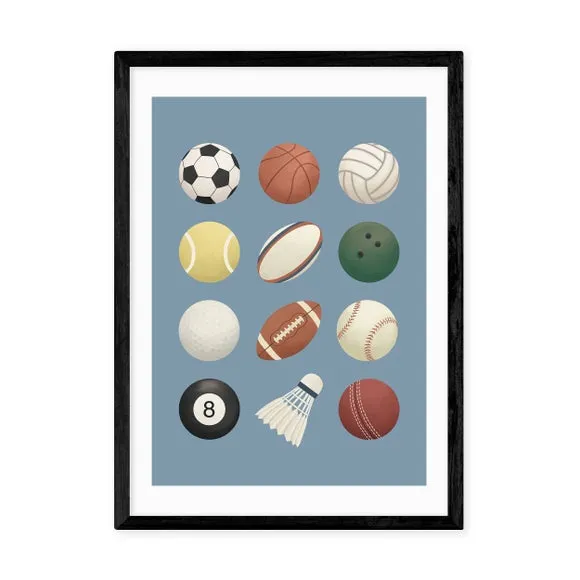 Sports Balls Wall Print - Blue, Archival Paper