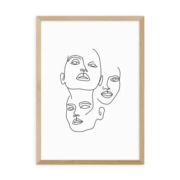 Three Line Art Faces Print - Black