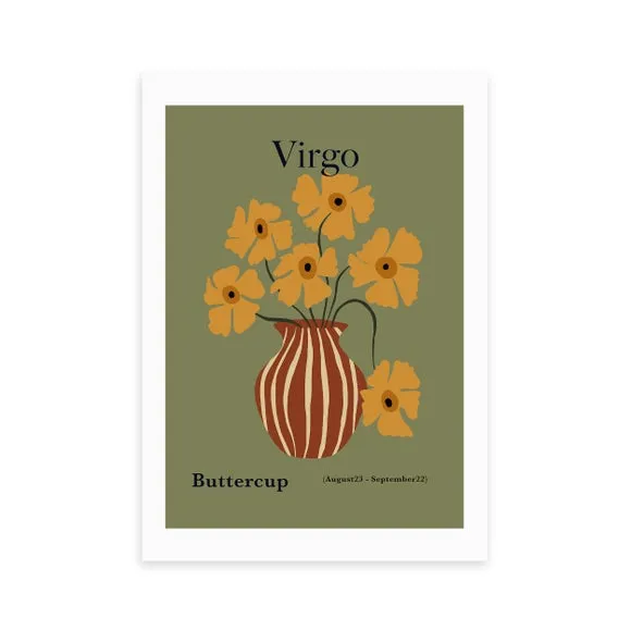 Virgo Art Print with Buttercups - Green