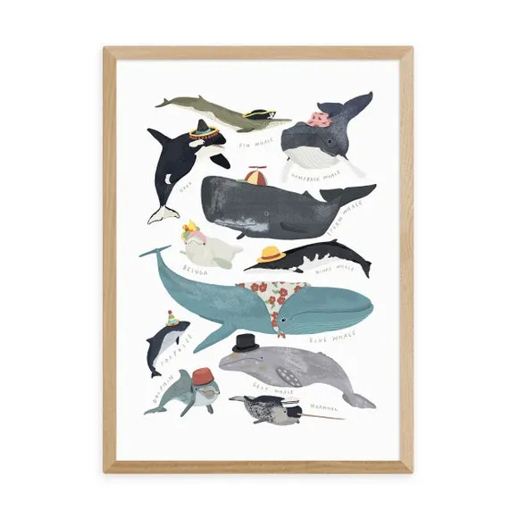 Whales In Hats Wall Print - Multicolor