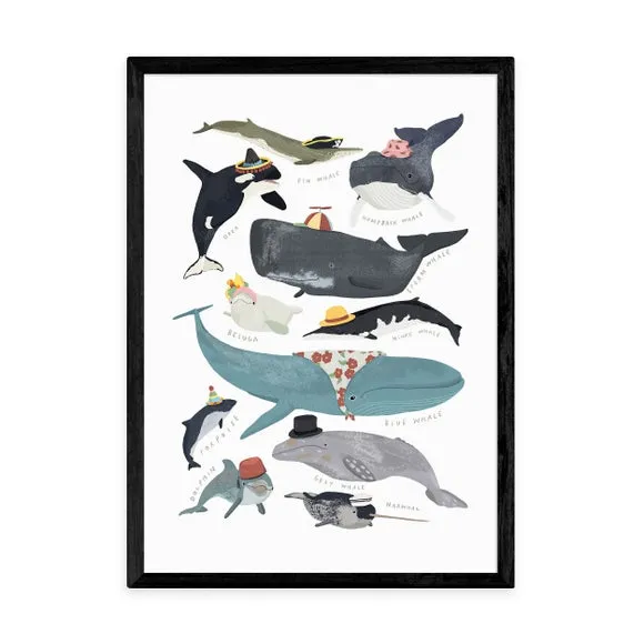 Whales In Hats Wall Print - Multicolor