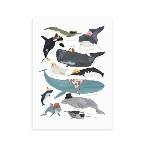 Whales In Hats Wall Print - Multicolor