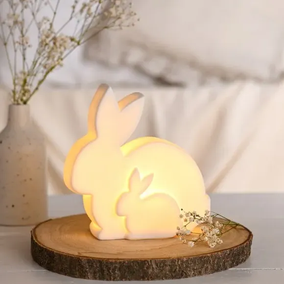 Bunny LED Light with Baby - White, Ceramic