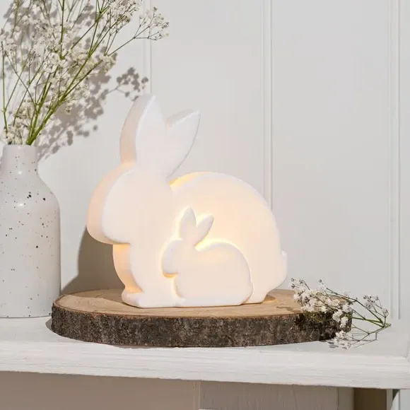 Bunny LED Light with Baby - White, Ceramic image