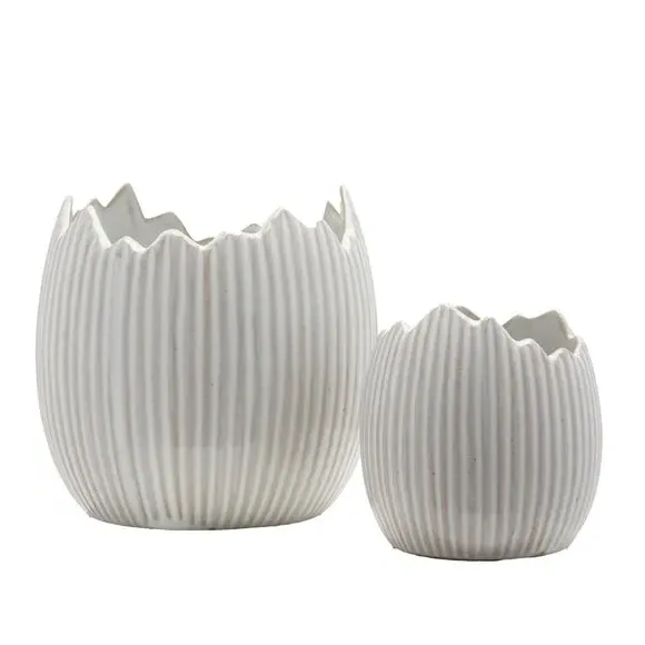 Set of 2 Egg Shell Plant Pots - White, Ceramic