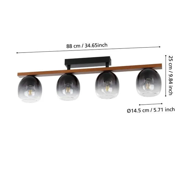 3 Light Flush Ceiling Light - Brown, Glass