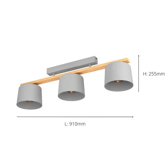3-Light Flush Spotlight Bar - Grey, Wood