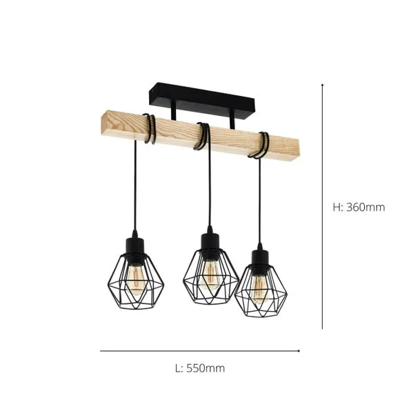 3-Light Semi Flush Ceiling Light - Brown, Wood