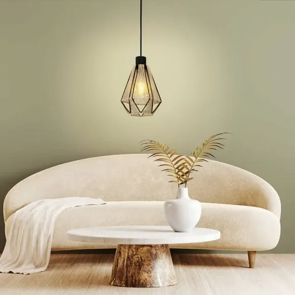 Diamond Pendant Light with Hemp Shade - Black, Wire