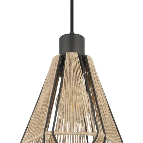 Diamond Pendant Light with Hemp Shade - Black, Wire