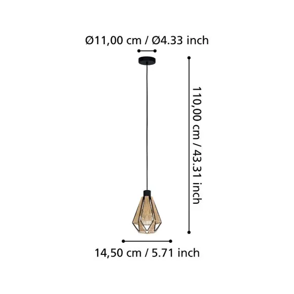 Diamond Pendant Light with Hemp Shade - Black, Wire