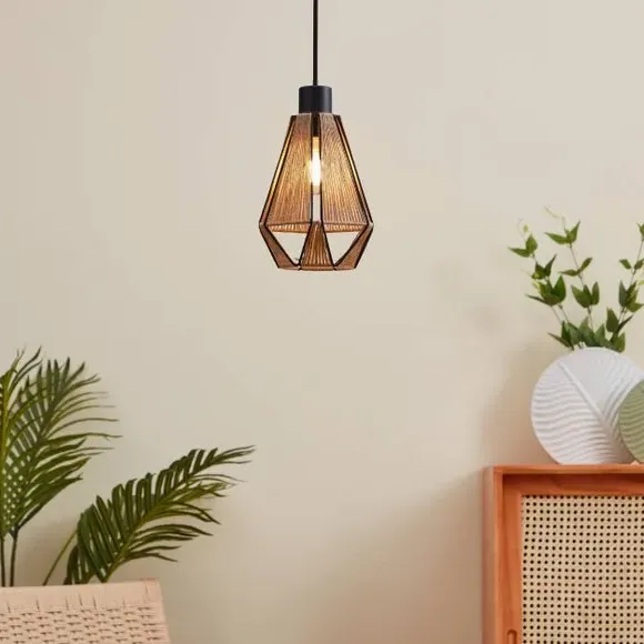 Diamond Pendant Light with Hemp Shade - Black, Wire image