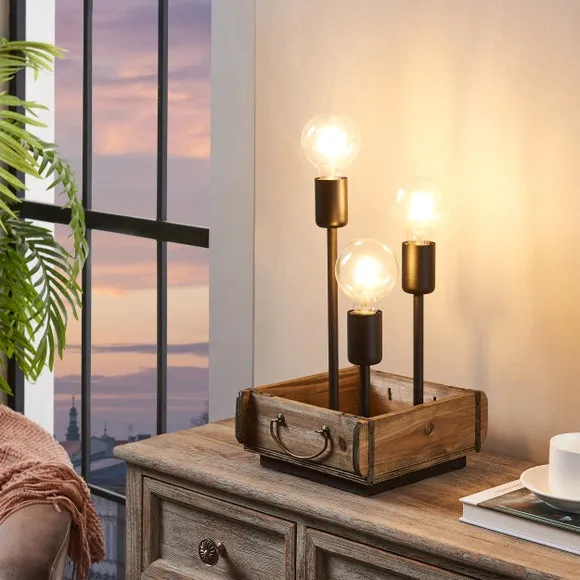 Industrial Table Lamp with 3 Bulbs - Brown, Wood image