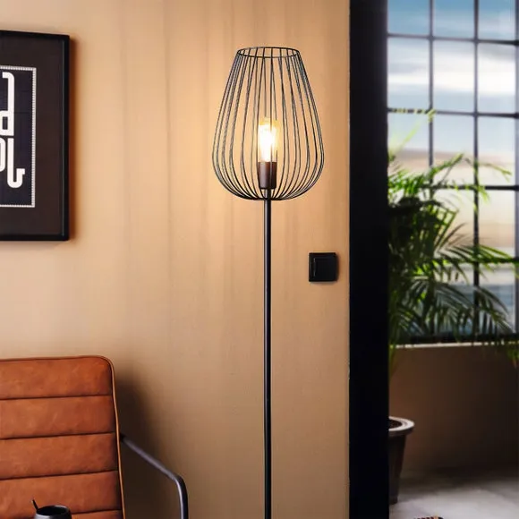Mid Century Floor Lamp with Wire Shade - Black, Metal image