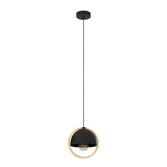 Round Pendant Light with Wood Ring - Black, Steel