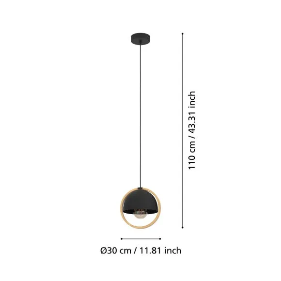 Round Pendant Light with Wood Ring - Black, Steel