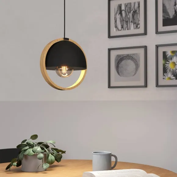 Round Pendant Light with Wood Ring - Black, Steel image