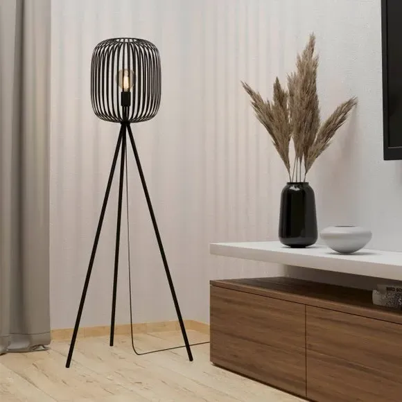 Tripod Floor Lamp with Cage Shade - Black image
