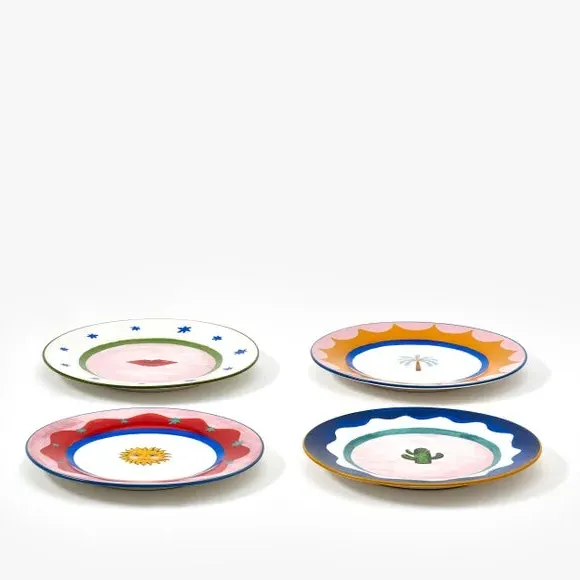 Set of 4 Cake Plates with Icons - White, China