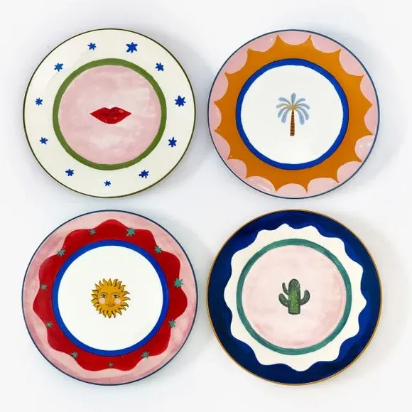Set of 4 Cake Plates with Icons - White, China