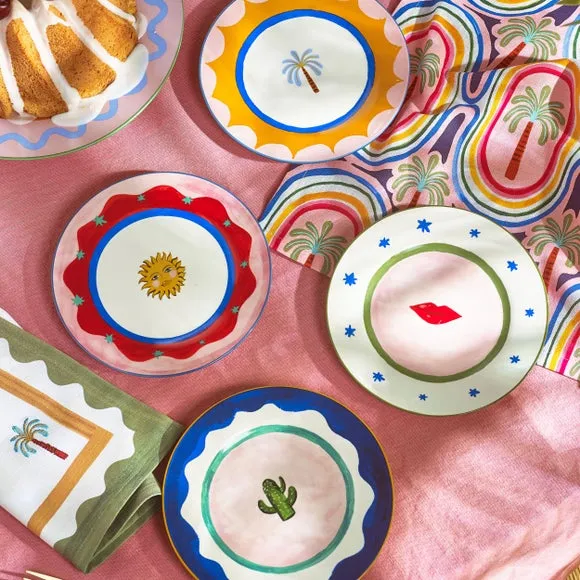 Set of 4 Cake Plates with Icons - White, China