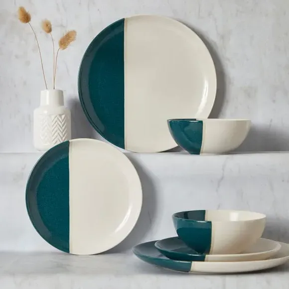 12-Piece Dinner Set Dipped Glaze - Teal, Stoneware