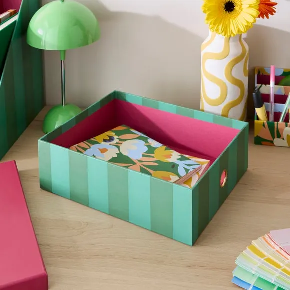 A4 Storage Box with Metal Pull - Green, Stripe