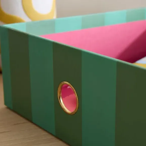 A4 Storage Box with Metal Pull - Green, Stripe