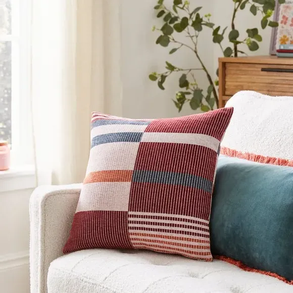 Block Check Cushion - Cardinal Red, Fabric image