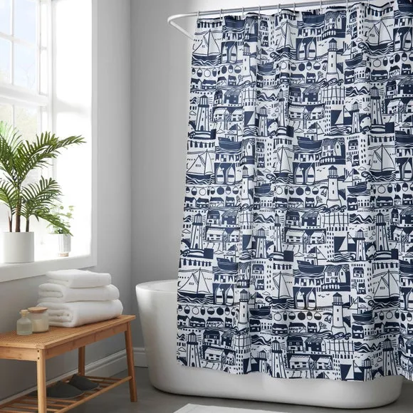 Coastal Boats Shower Curtain - Blue, Polyester